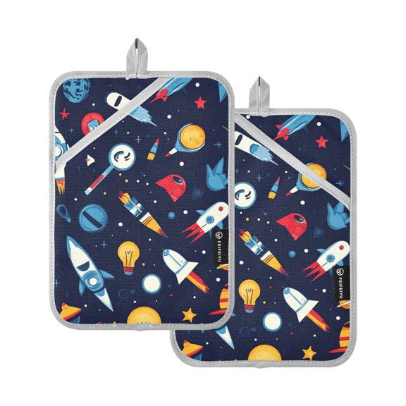 Space Theme Cartoon Planet Rocket Oven Mitts Pot Holders 2 pcs Heat Resistant for Kitchen Baking Grilling
