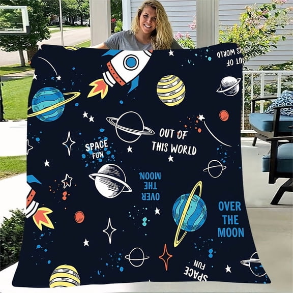 Space Theme Flannel Blanket with Planets and Rocket Patterns, Soft and Cozy Blanket for Bedroom or Living Room, Explore the Universe Comfortably and Let Dreams Take Flight
