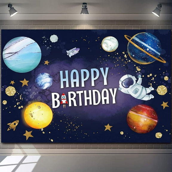 Space Theme Happy Birthday Backdrop Banner Galaxy Astronaut Rocket Background Solar System Planets Poster for Kids Boys Themed Party Decorations Back to School Supplies