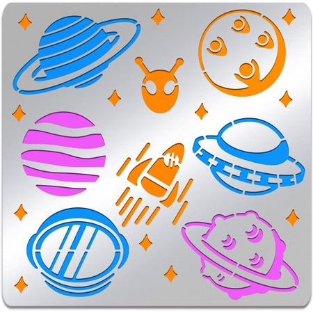 Space Theme Metal Stencil Square Stainless Steel Planet Aliens Rockets Template Stencil for Scrapbooking Engraving Pyrography Journal 6x6inch Gray DIY