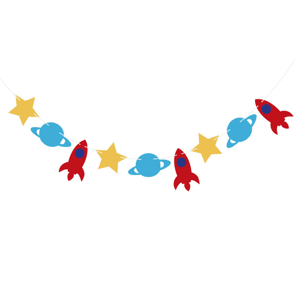 Space Theme Party Banner Garland, Rocket, Planet and Star Shapes, Red, Blue and Yellow
