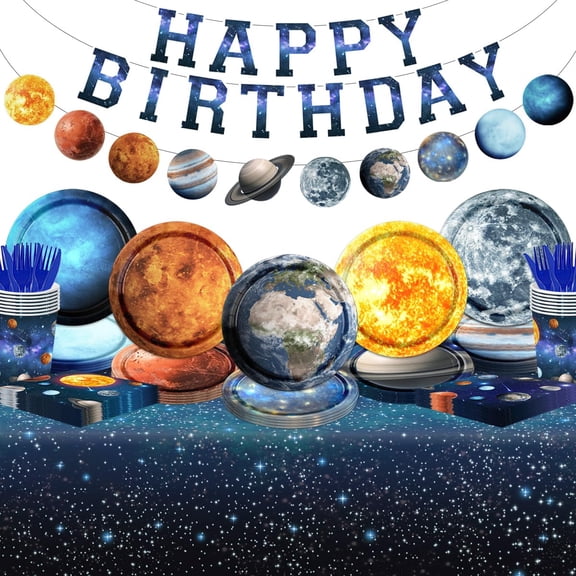Space Theme Party Decorations-142Pcs Space Plates and Napkins Kit Galaxy Solar System Outer Space Tableware for Birthday Party VT4