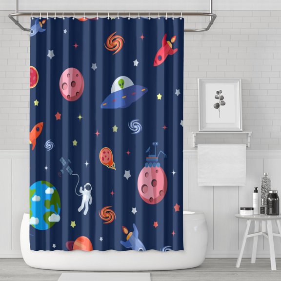 Space Theme Shower Curtain Galaxy Astronaut Planet Waterproof Bathroom Drape Fade-Resistant Fabric with Hooks 72x72 Inches