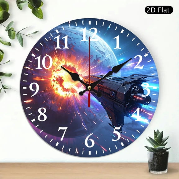 Space Theme Wall Clock Round Decorative Timepiece Sci-fi Spaceship Design 10x10 Inch 1pc Battery Not Included