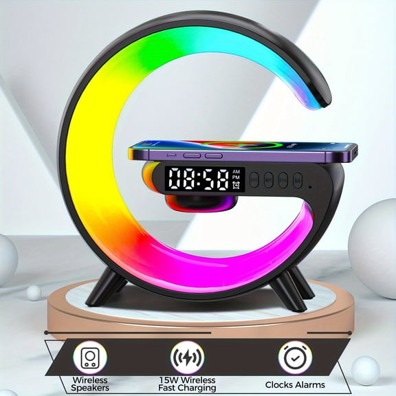 Space Theme Wireless Charging Smart Table Lamp with Sunrise Alarm, Dimmable LED Night Light, Audio Relaxation & USB Power for Bedroom Decor