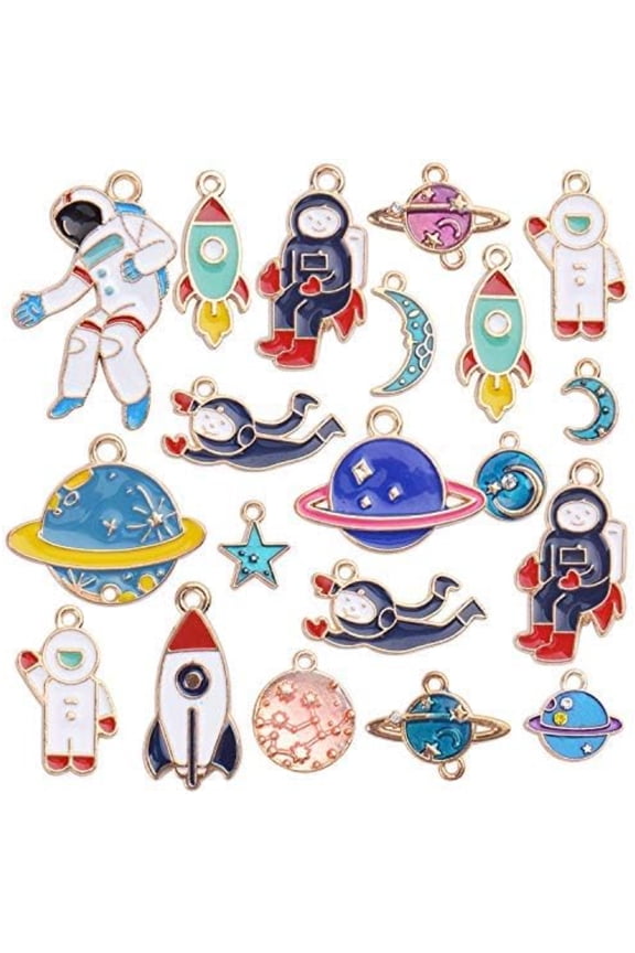 Space Themed Charms,20pcs Assorted Gold Plated Enamel Planet Astronaut Charm Pendant for Jewelry DIY Craft