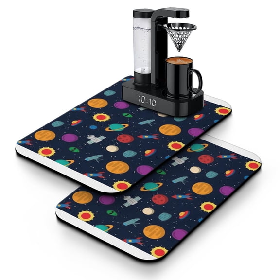 Space-Themed Coffee Mat 2-Pack - Absorbent Kitchen Counter Mat for Coffee Station, Moon and Stars Pattern