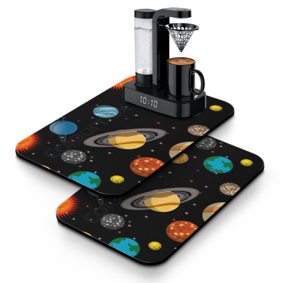 Space-Themed Coffee Mat 2-Pack - Absorbent Kitchen Counter Mat for Coffee Station, Moon and Stars Pattern