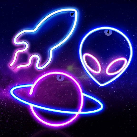 Space Themed Neon Lights 3PCS LED Wall Decor for Kids Gaming Room Birthday Party