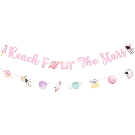 Space Themed Party Decorations for Girl, Reach Four the Stars Banner, Planets Rocket Astronaut Galaxy Universe Garland, Solar System 4 Years Old Birthday Party Supplies