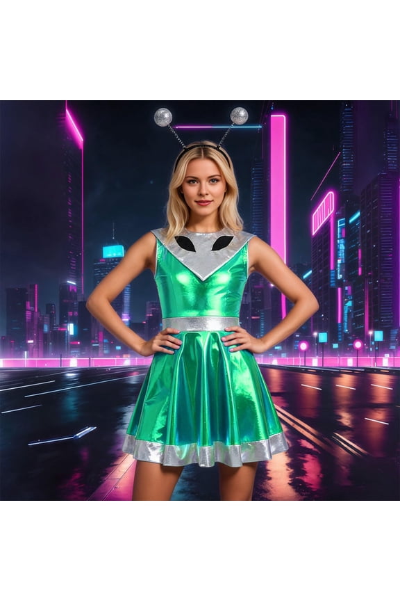 Space Themed Party Dress for Women, Metallic Silver Sequin Futuristic Mini Dress, Unique Cosplay, Rave or Festival Clothing Green M