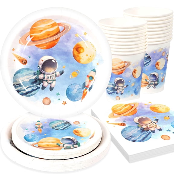 Space Themed Party Tableware Set 100 Piece Outer Space Paper Plates Napkins Cups for 25 Guests