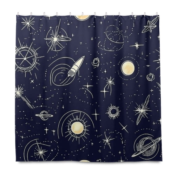 Space Themed Pattern 72x72 Waterproof Shower Curtain Liners Durable Metal C-Hooks Fade-Proof Thermal Print Anti-Splash