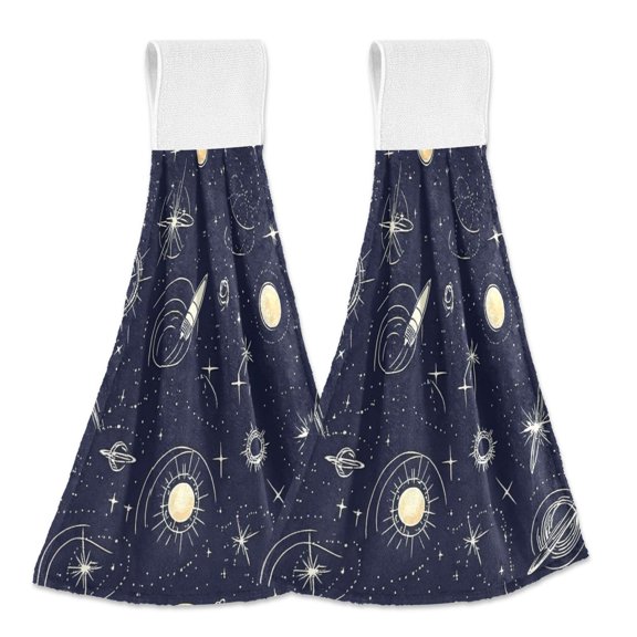 Space Themed Pattern Hand Towels 2 Pack Quick Drying Home Storage Kitchen Towel Hooks Dish Cloths 14''x18''
