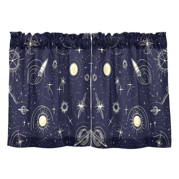 Space Themed Pattern Kitchen Curtains Tier Set 27x24 Inch 2 Panels Semi Sheer Light Filtering Privacy UV Protection
