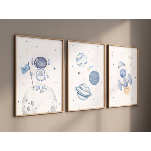 Space Themed Poster Astronaut and Cosmic Prints Outer Space Artwork for Boys Room or Modern Nursery Decor Set 3
