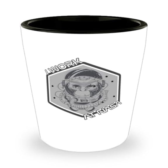 Space-Themed Shot Glass, I Work in Space Aviation Rockets Gift, Unique Mini Glassware, 1.5oz White Cup, Ideal Gift for Enthusiasts
