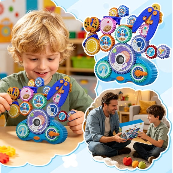 Space Themed Toys Building Sets, Kids Building Toys, Rocket Ship Toys, Play Set, 38-Piece Interlocking Gear Block Kit, 16X13X3 In, Features Printed Space Shuttle Model, Encourages