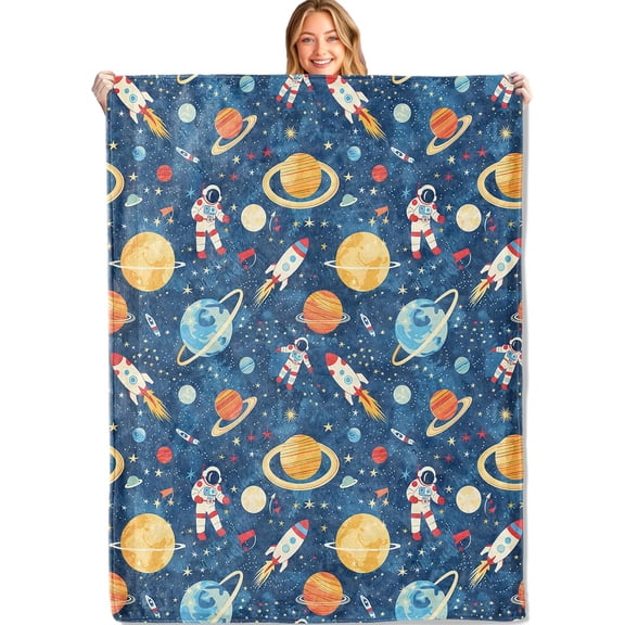 Space Throw Blanket,40x50in,Soft,Lightweight Flannel,Cute Astronaut and Planets Blue Blankets - Gifts for Kids Boys,for Bedtime or Playtime Couch Office Travel,Home Living Room Bed Decor