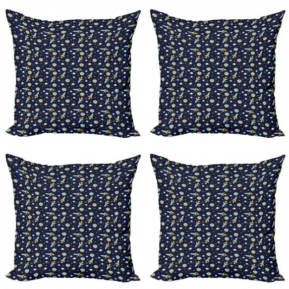 Ambesonne Space Throw Pillow Cover 4 Pack, Cat Flying to Outer Space, 20", Pale Blue Mustard Indigo