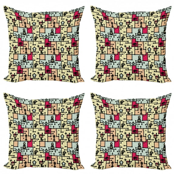 Ambesonne Space Throw Pillow Cover 4 Pack, Robots on Grid Squares, 18", Multicolor