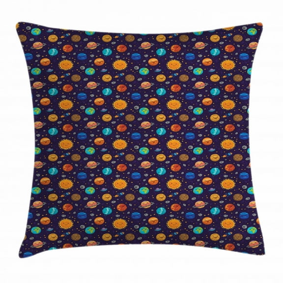 Space Throw Pillow Cushion Cover, Cheerful Kids Planets as Sun Mercury Venus Earth Jupiter Mars with Alien Spaceships, Decorative Square Accent Pillow Case, 18 X 18 Inches, Multicolor, by Ambesonne