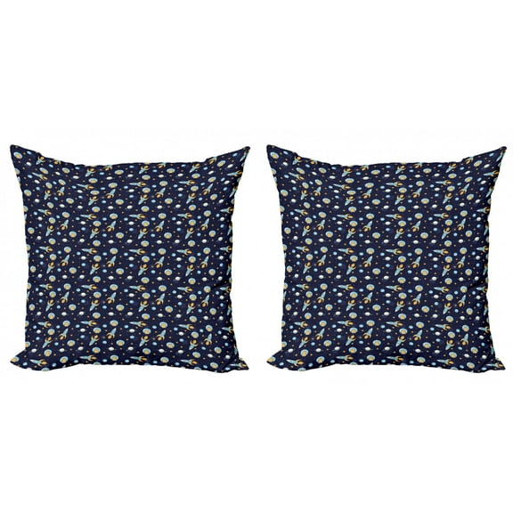 Ambesonne Space Throw Pillow Cover 2 Pack, Cat Flying to Outer Space, 24", Pale Blue Mustard Indigo