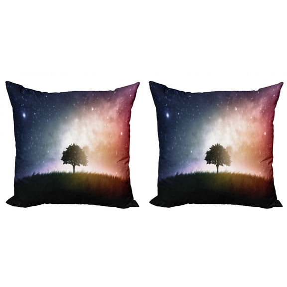 Ambesonne Space Throw Pillow Cover 2 Pack, Tree in Field with Stars, 24", Magenta and Blue