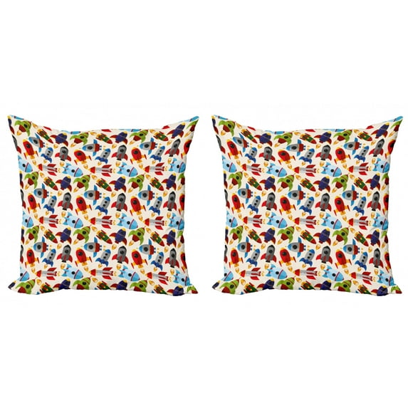 Ambesonne Space Throw Pillow Cover 2 Pack, Cartoon with Spaceships, 20", Multicolor