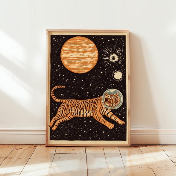 Space Tiger Poster Orange Cosmic Print Paper Wall Art
