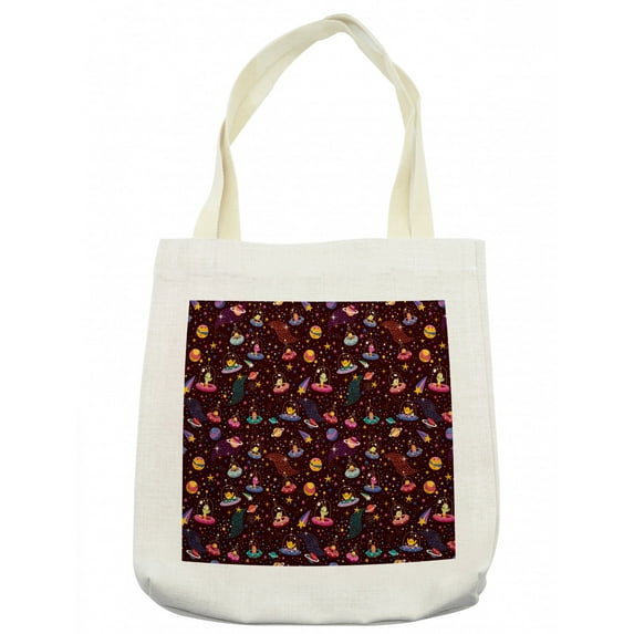 Space Tote Bag, Cosmos Design with Shooting Stars and Colorful Polka Dots Alien Spacecrafts Cartoon, Cloth Linen Reusable Bag for Shopping Books Beach and More, 16.5" X 14", Cream, by Ambesonne