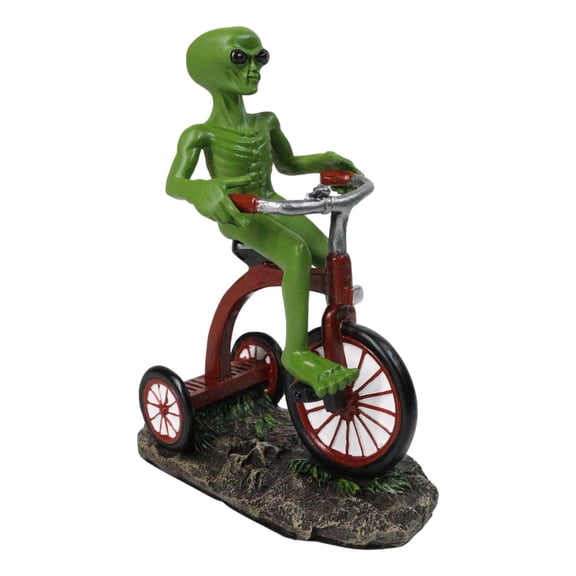 'Space Travel' UFO Green ET Roswell Alien Riding A Red Tricycle Figurine 6.75"H