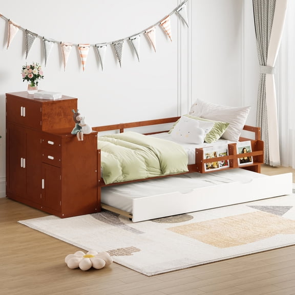 Space Twin Platform Bed With Bookshelf, Trundle And Movable Clothing Wardrobe, Walnut Size Bookshelf & Trundle, Wardrobe For Space Saving,