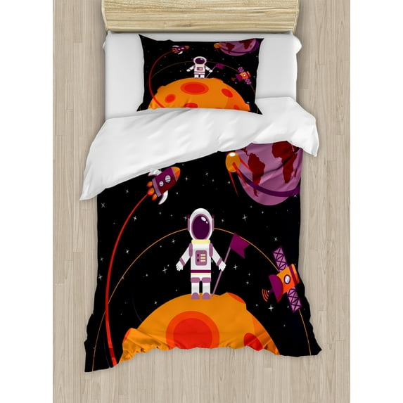 Space Twin Size Duvet Cover Set, Astronaut on the Moon and Rocket Satellites on Orbit Fun Journey Universe Cartoon, Decorative 2 Piece Bedding Set with 1 Pillow Sham, Multicolor, by Ambesonne