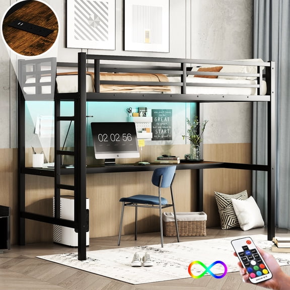 Space Twin Xl Metal Loft Bed With Led Lights - Secure & Stylish For Bedroom Desk, Lighting Noise Reduction Practical