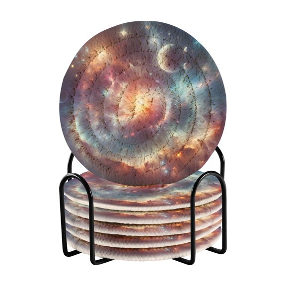 Space Universe 6 Pcs Drink Coasters with Holder Absorbent Coasters Woven Coasters for Drinks Table Desk Protection Home Decor