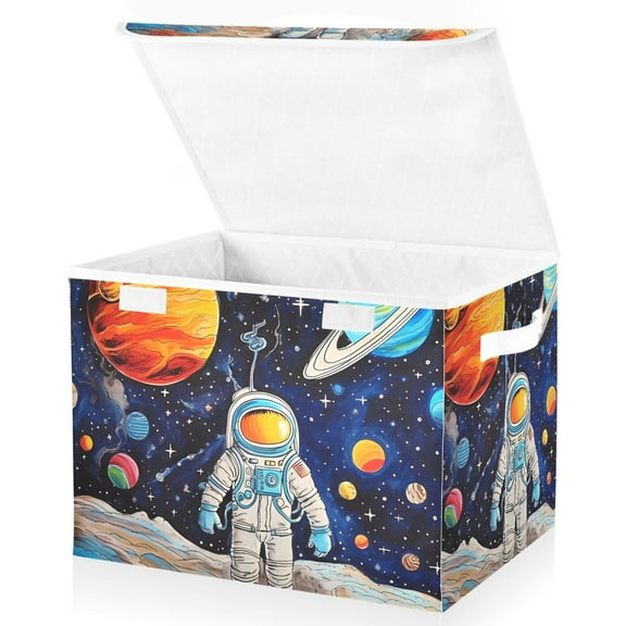 Space Universe Astronaut Large Lidded Bin Foldable Storage Baskets Boxes Cubes Lids with 2 Handles for Home Bedroom Office 16.5x12.6x11.8inch