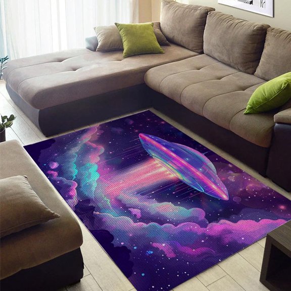 Space Universe Ufo Spaceship Rugs Rectangle Area Rug, Area Rug for Living Room & Bedroom, Low‑pile, Non‑slip Backing, Modern Minimalist Style, Noise‑reducing & Floor‑protecting