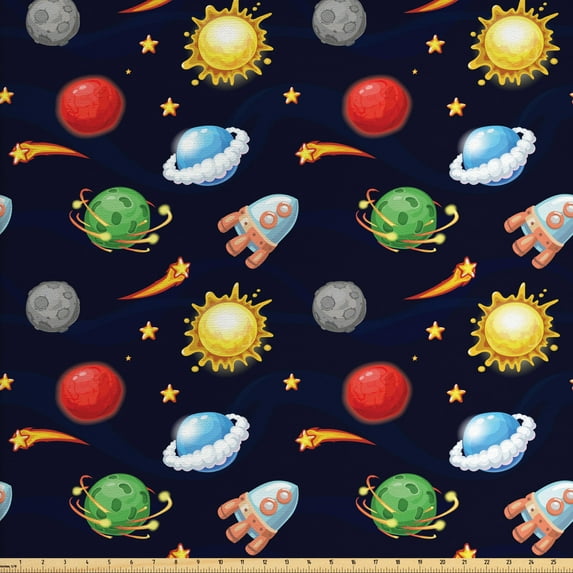 Ambesonne Space Fabric by the Yard Upholstery, Cosmos with Sun Planets, 2 Yards, Multicolor