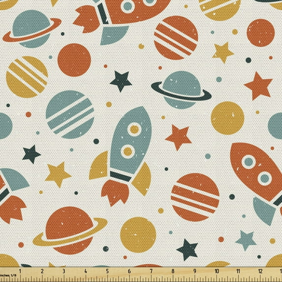Space Upholstery Fabric by the Yard, Doodle Colorful Universe Design with Planets Stars and Rockets with Grunge Effect, Decorative Fabric for DIY and Home Accents, 1 Yard, Multicolor by Ambesonne