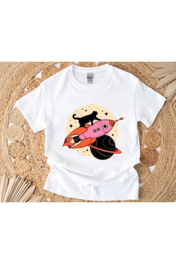 Space Walker Black Cat T-Shirt with Orange Suit and Cosmic Vibe, for men & women, up to size 5XL