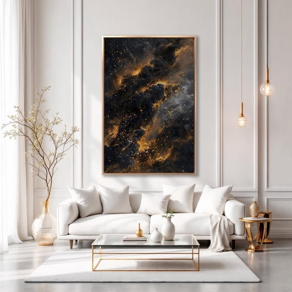 Space Wall Art Abstract and Stars Cosmic Print Gold and Black Mysterious Universe Decor Space Theme Ready to Hang Poster Decor, Unframed Poster Size 8x12