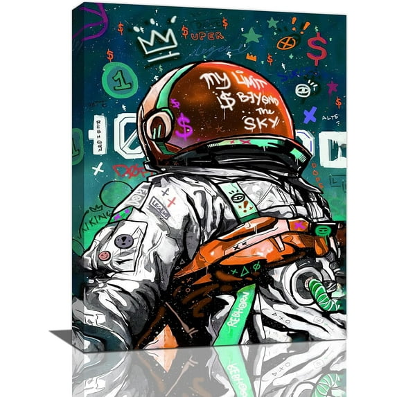 Space Wall Art Banksy Astronaut Pictures Wall Decor Street Graffiti Painting Art Funny Pop Prints Abstract Colorful Spaceman Framed Artwork for Bedroom Living Room Office Ready to Hang 12"x16"