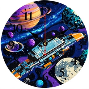 Space Wall Clock 9.84 Inch, Galaxy Spaceship Decorative Clock, Battery Operated Round Analog Clock with Easy to Read Numbers for Kids Bedroom Classroom Playroom