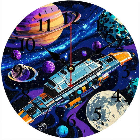 Space Wall Clock 9.84 Inch, Galaxy Spaceship Decorative Clock, Battery Operated Round Analog Clock with Easy to Read Numbers for Kids Bedroom Classroom Playroom