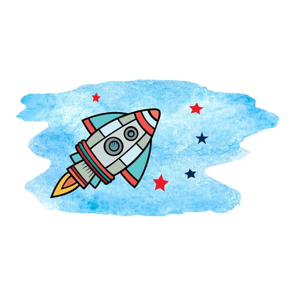 Space Wall Decals for Children Playroom - Flying Rocket on watercolor Background Rocket DIY & Creativity Boy Girl Bedroom Wall Sticker - Size: 10 In x 5 In