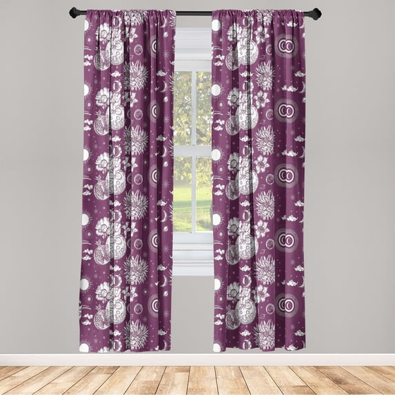 Space Window Curtains, Bicolored Outer Planet Vibe Astronaut and Sun Sketch With Flora on Pinky Back, Lightweight Decor 2-Panel Set with Rod Pocket, Pair of - 28"x63", Dark Magenta Ivory, by Ambesonne