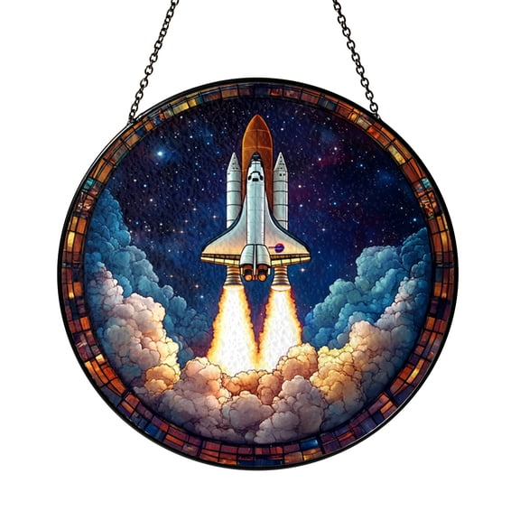 Space Window Suncatcher with Stained Glass Look, Home Window Decor Featuring Shuttle and Sky