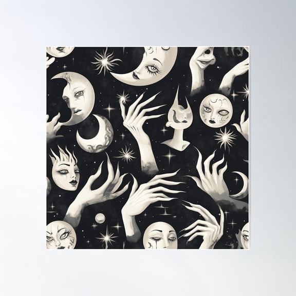 Space With Hands And Pretty Moons Poster Wall Art, Modern Wall Decor For Living Room Bedroom, 24x24 UNFRAMED