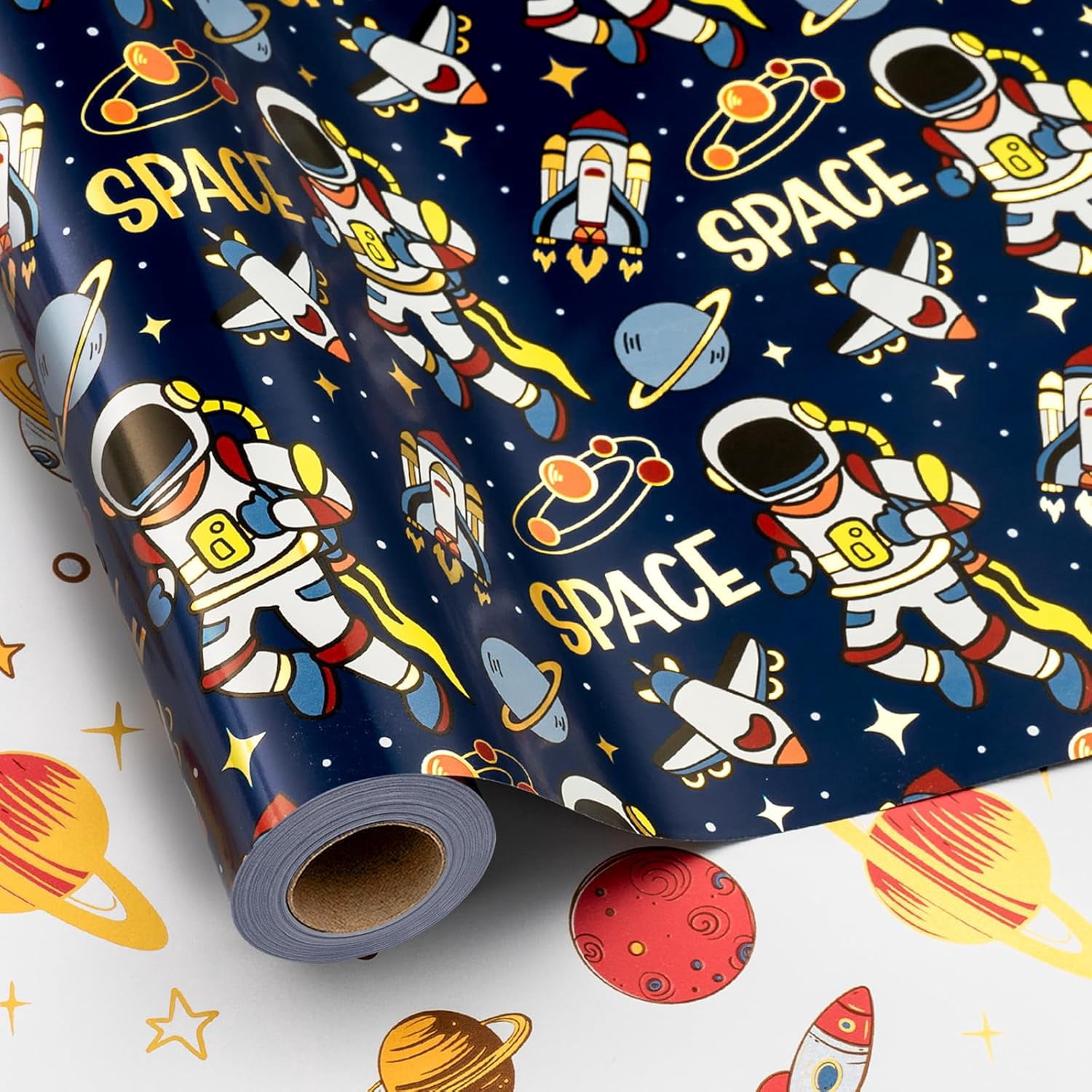 Space Wrapping Paper Roll, Birthday Wrapping Paper for Boys, Navy Blue Astronaut Gift Wrap for Kids Birthday Outer Space Party Decor RocketShip Wrap Galaxy Planets Stars (17 Inch X 33 Feet)